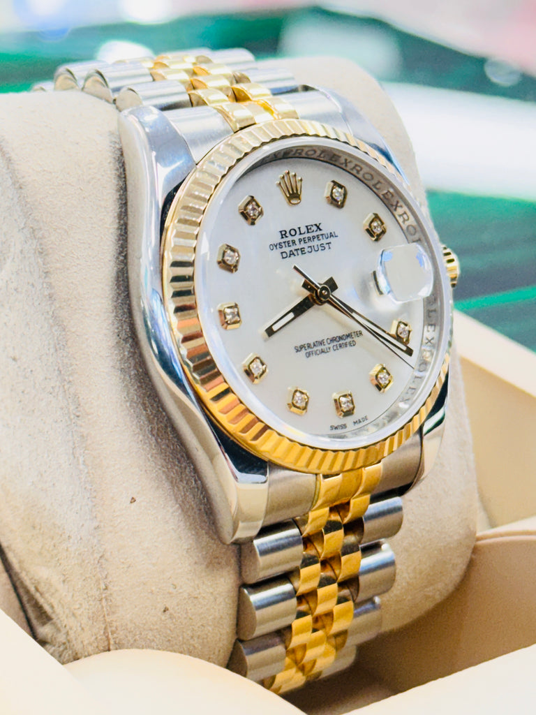 Rolex Datejust 36 116233 Jubilee Stainless & 18K Yellow Gold Custom Diamond Mother Of Pearl Dial MINT - Diamonds East Intl.