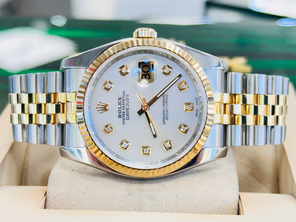 Rolex Datejust 36 116233 Jubilee Stainless & 18K Yellow Gold Custom Diamond Mother Of Pearl Dial MINT - Diamonds East Intl.