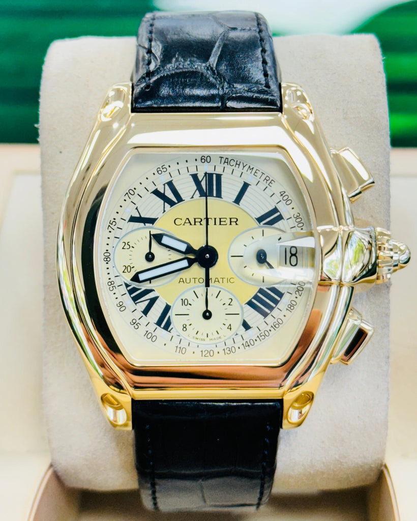 Cartier Roadster XL 2619 Chronograph 18k Yellow Gold On Leather Men's Watch