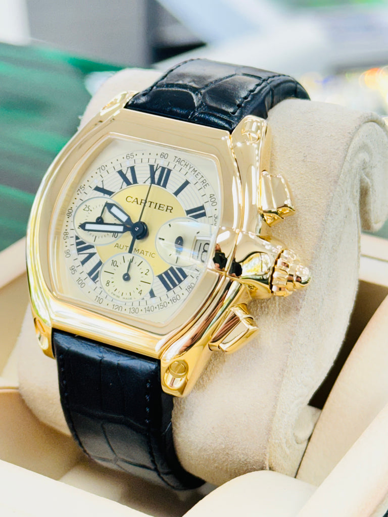 Cartier Roadster XL 2619 Chronograph 18k Yellow Gold On Leather Men's Watch