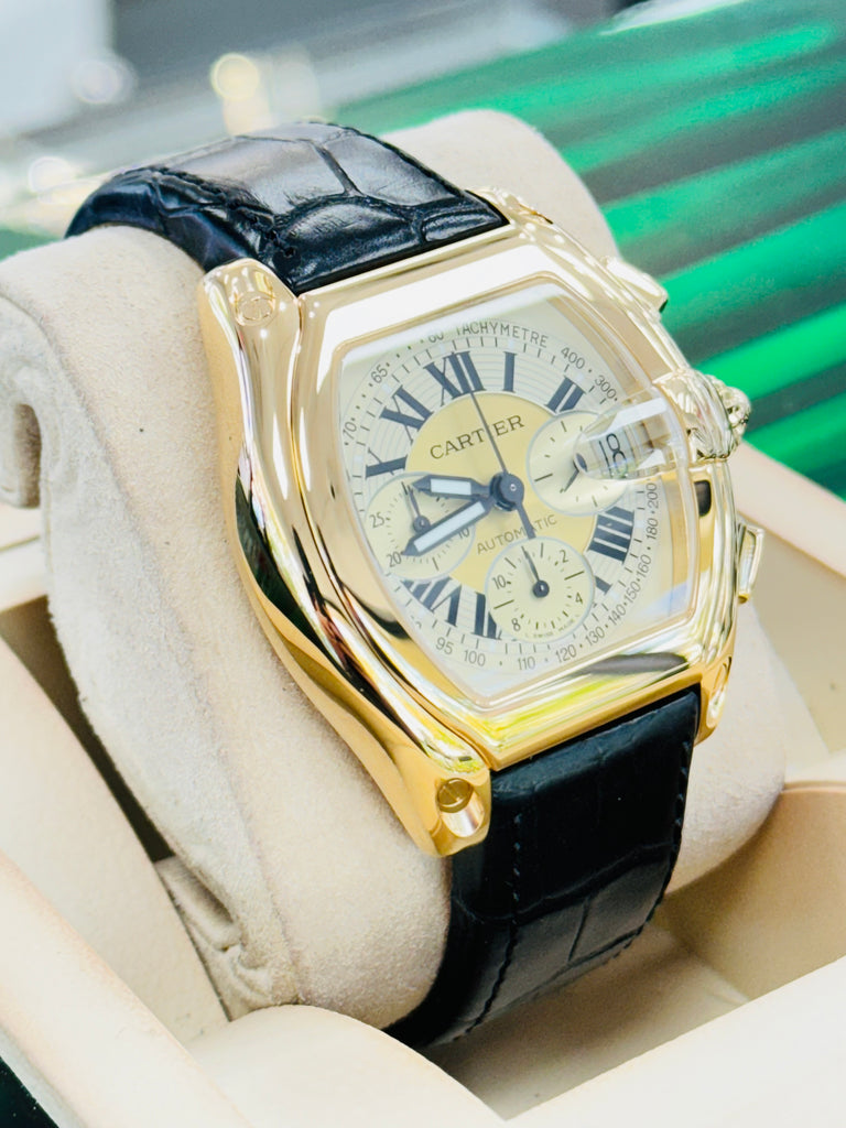 Cartier Roadster XL 2619 Chronograph 18k Yellow Gold On Leather Men's Watch