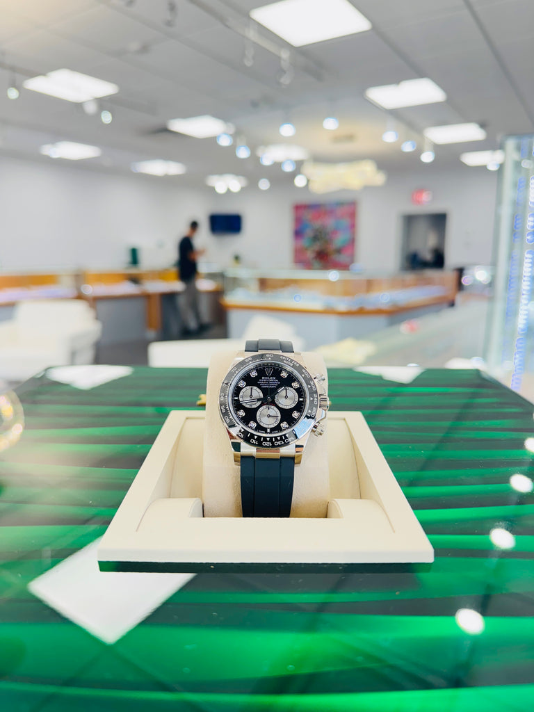 Rolex Daytona 126519LN  Cosmograph 18K White Gold  Factory Black Diamond Dial  Oysterflex Box and Papers Unworn - Diamonds East Intl.