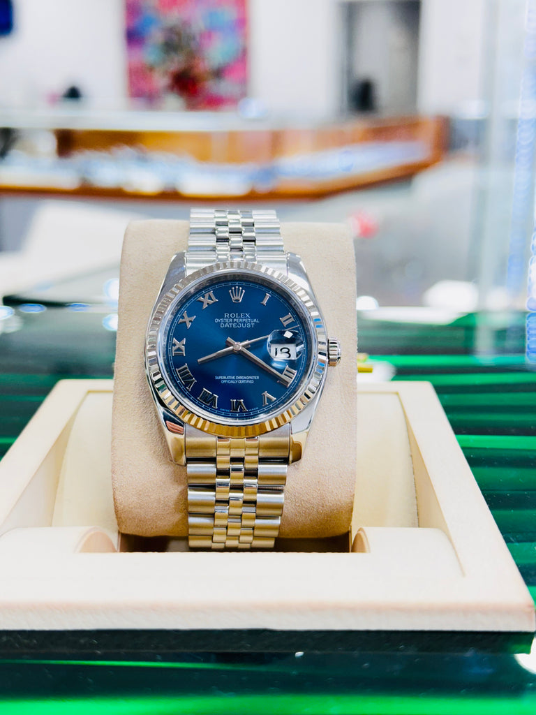 Rolex Datejust 36 116234 Blue Roman Dial jubilee Preowned Box and Papers - Diamonds East Intl.