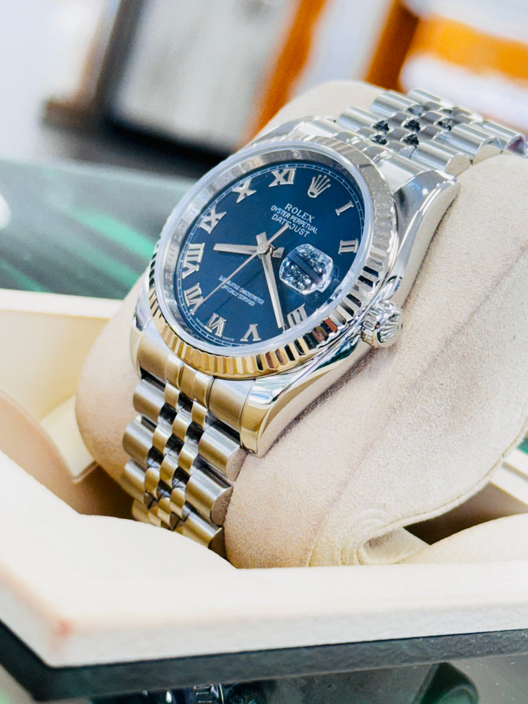 Rolex Datejust 36 116234 Blue Roman Dial jubilee Preowned Box and Papers - Diamonds East Intl.