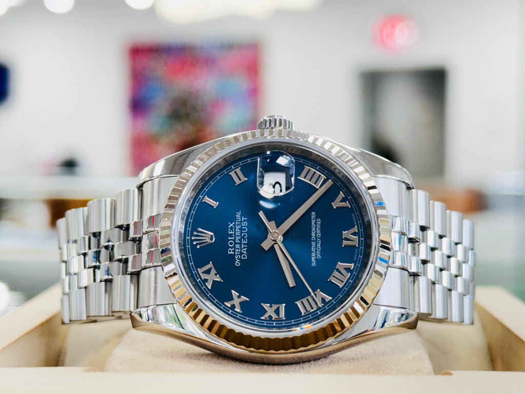 Rolex Datejust 36 116234 Blue Roman Dial jubilee Preowned Box and Papers - Diamonds East Intl.