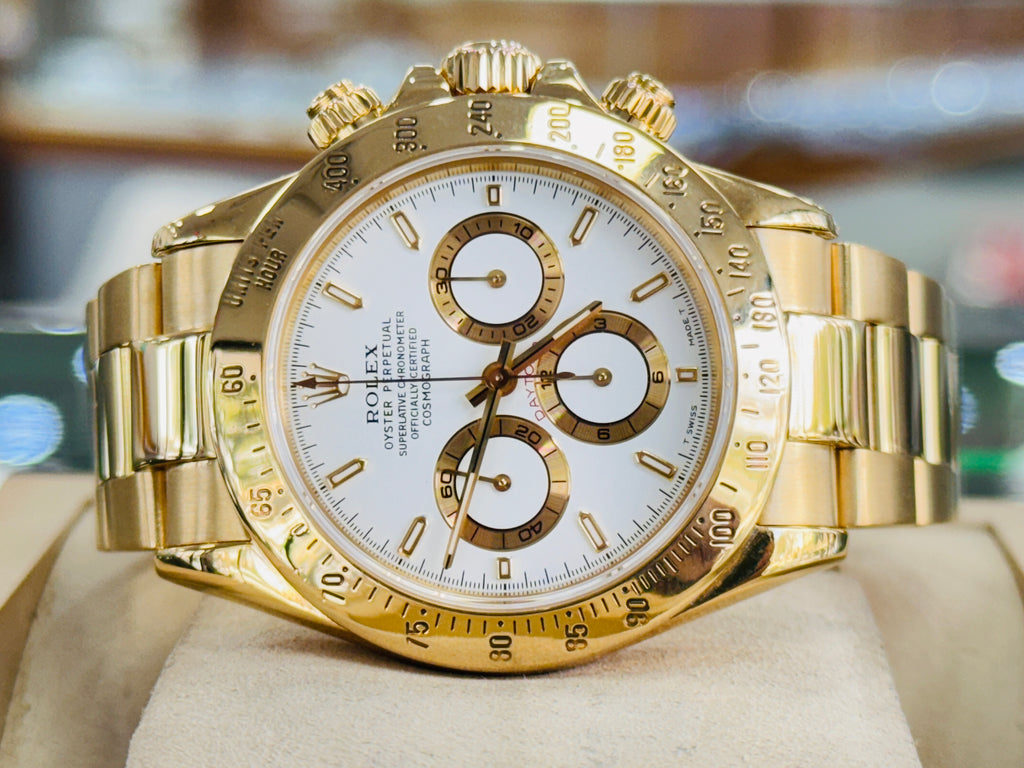 Rolex Daytona Chronograph 16528 18k Yellow Gold White Dial “ZENITH” - Diamonds East Intl.