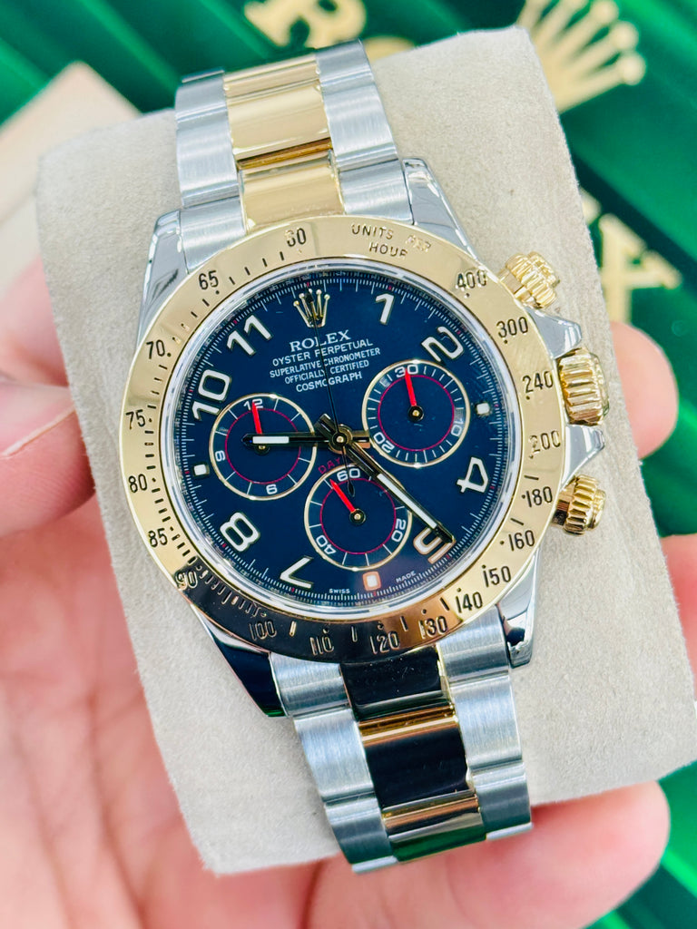 Rolex Daytona  Cosmograph 116523 RARE Blue Arabic Racing Dial Box and Papers MINT - Diamonds East Intl.