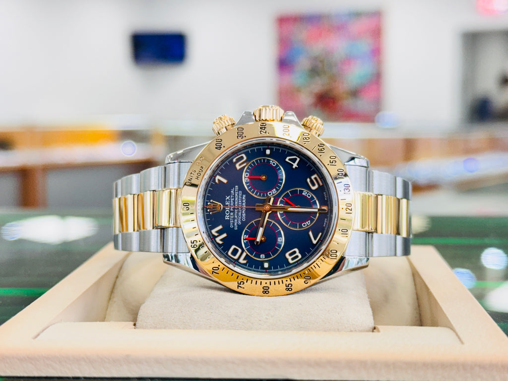 Rolex Daytona  Cosmograph 116523 RARE Blue Arabic Racing Dial Box and Papers MINT - Diamonds East Intl.