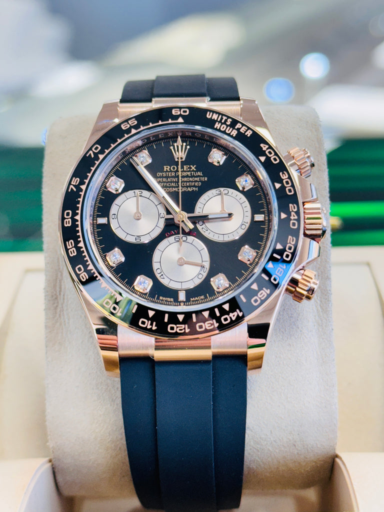 Rolex Daytona 126515LN Rose Gold Oysterflex Factory Black Diamond Dial Unworn Box and Papers - Diamonds East Intl.