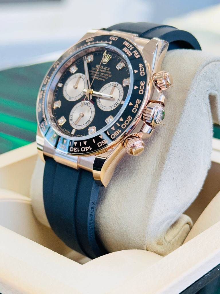 Rolex Daytona 126515LN Rose Gold Oysterflex Factory Black Diamond Dial Unworn Box and Papers - Diamonds East Intl.