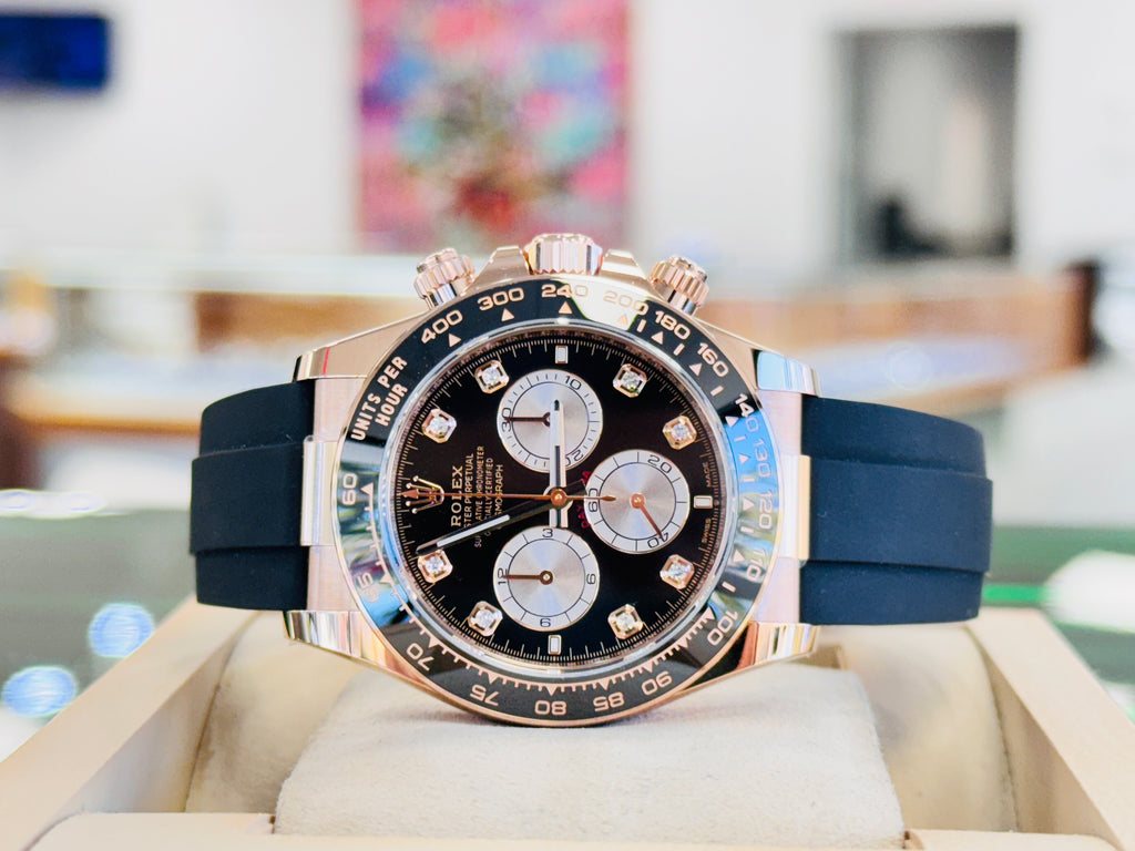 Rolex Daytona 126515LN Rose Gold Oysterflex Factory Black Diamond Dial Unworn Box and Papers - Diamonds East Intl.