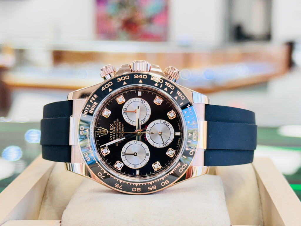 Rolex Daytona 126515LN Rose Gold Oysterflex Factory Black Diamond Dial Unworn Box and Papers - Diamonds East Intl.