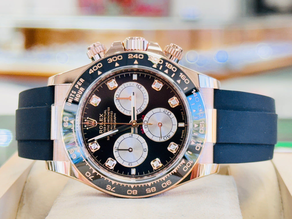 Rolex Daytona 126515LN Rose Gold Oysterflex Factory Black Diamond Dial Unworn Box and Papers - Diamonds East Intl.