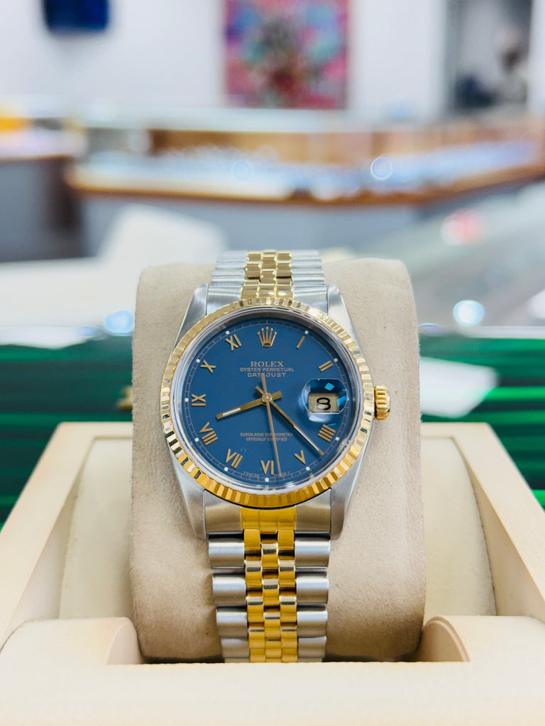 Rolex Datejust 16233 Blue Stella Roman Dial 18k Gold / Steel Jubilee Band Watch