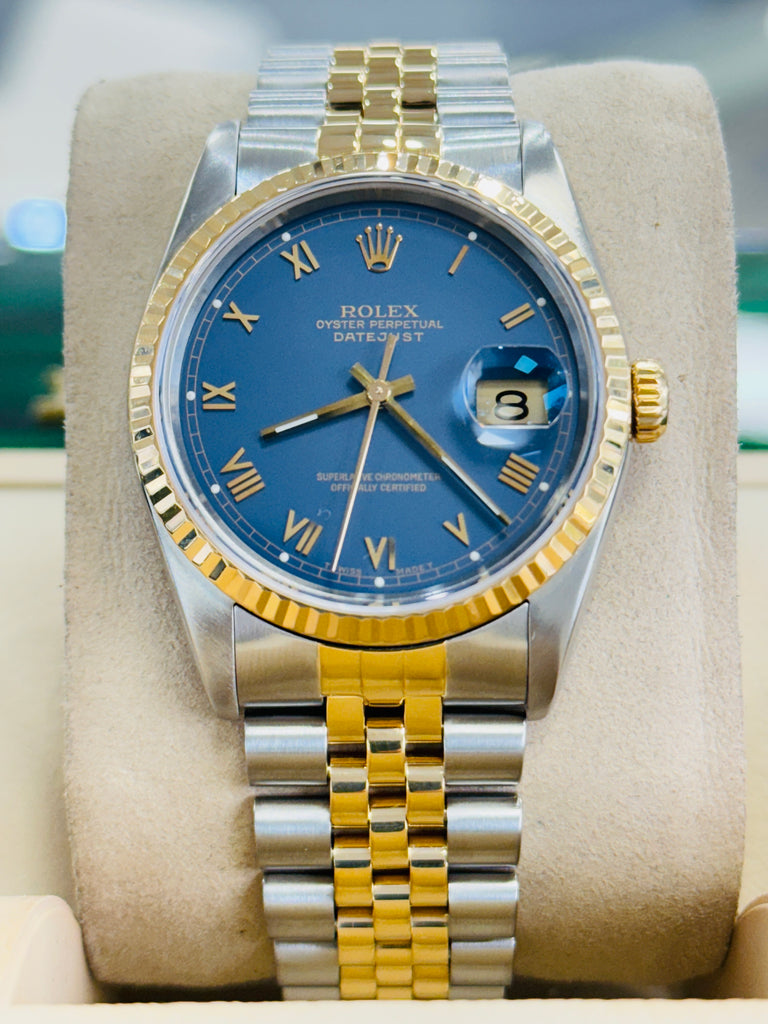 Rolex Datejust 16233 FACTORY Rare Blue Stella Roman Dial 18k Gold / Steel Jubilee Band Watch - Diamonds East Intl.