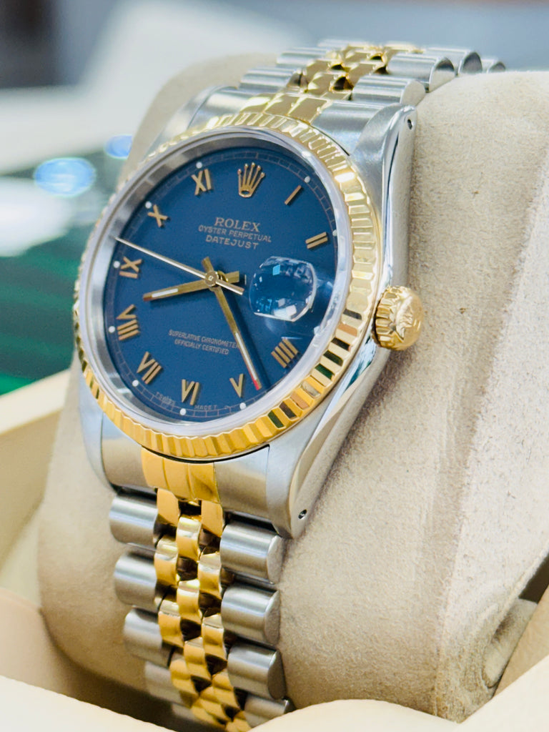 Rolex Datejust 16233 Blue Stella Roman Dial 18k Gold / Steel Jubilee Band Watch