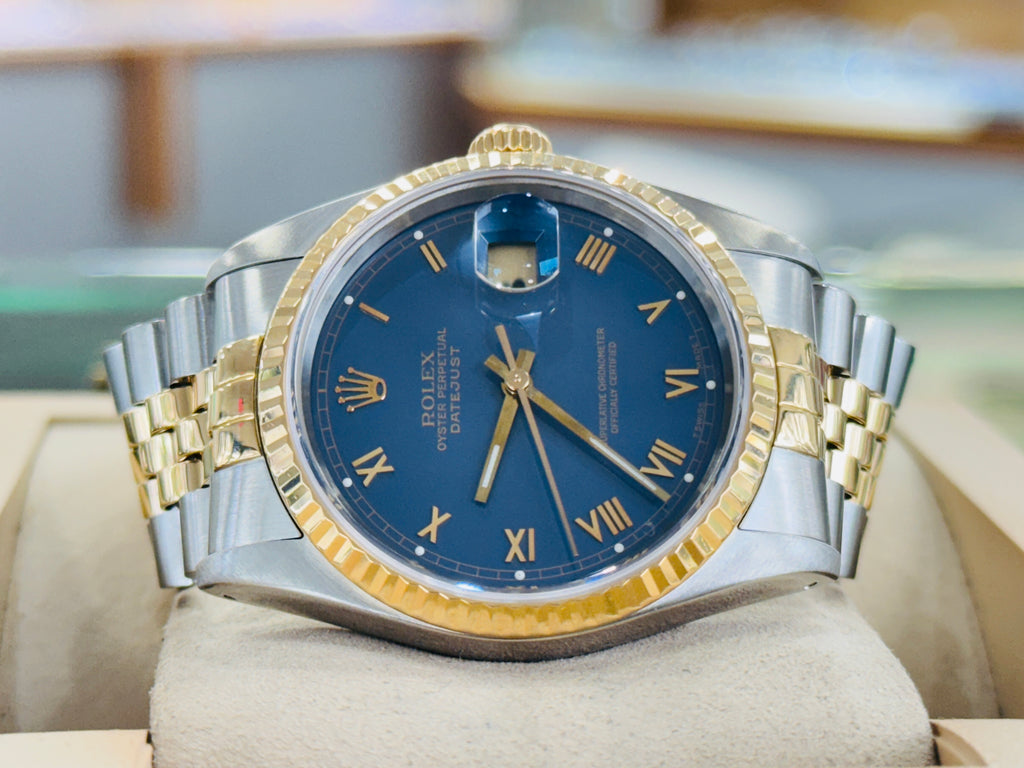 Rolex Datejust 16233 FACTORY Rare Blue Stella Roman Dial 18k Gold / Steel Jubilee Band Watch - Diamonds East Intl.
