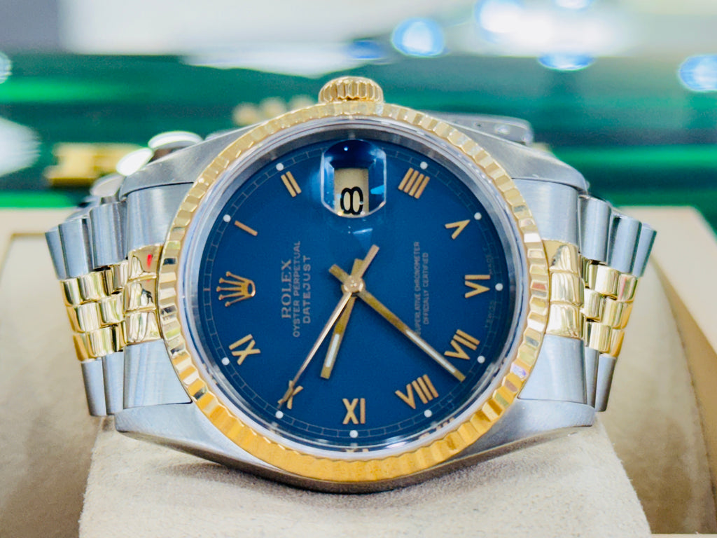 Rolex Datejust 16233 FACTORY Rare Blue Stella Roman Dial 18k Gold / Steel Jubilee Band Watch - Diamonds East Intl.