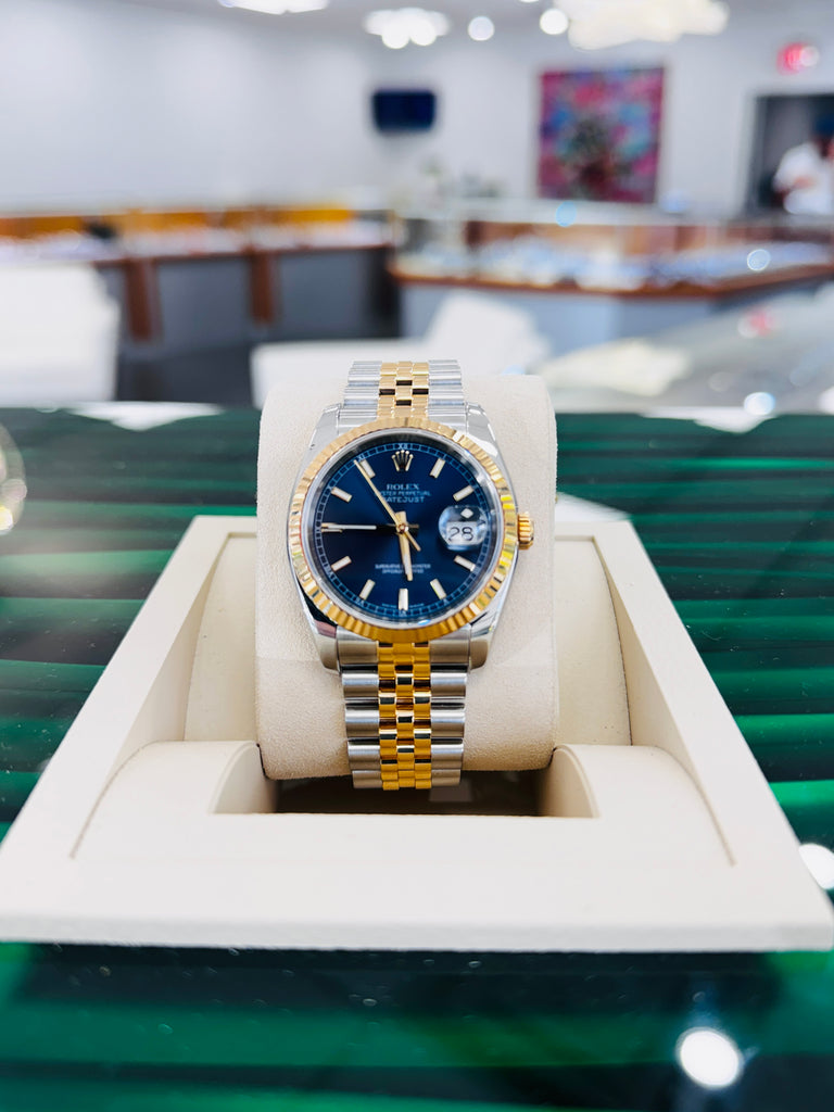 Rolex  Datejust 36 116233 Fluted Bezel  Factory Blue Dial super Jubilee Bracelet  Box and Papers - Diamonds East Intl.