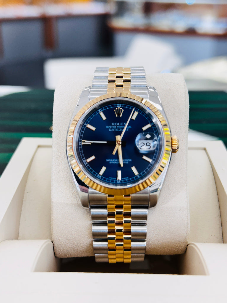 Rolex  Datejust 36 116233 Fluted Bezel  Factory Blue Dial super Jubilee Bracelet  Box and Papers - Diamonds East Intl.