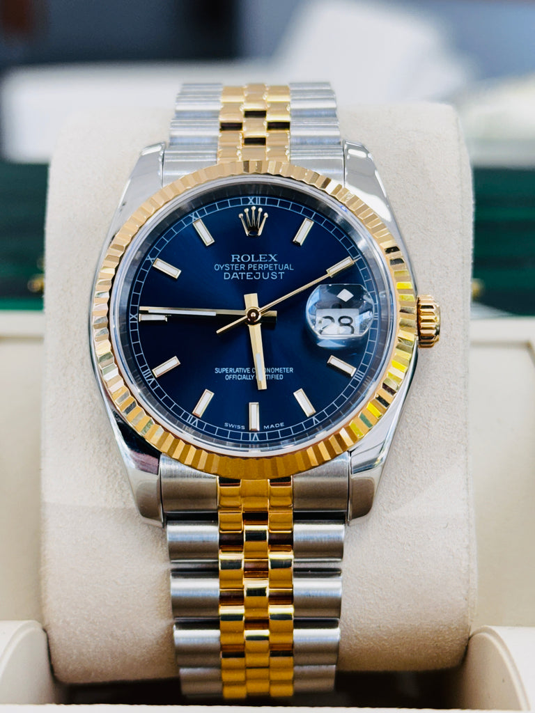 Rolex  Datejust 36 116233 Fluted Bezel  Factory Blue Dial super Jubilee Bracelet  Box and Papers - Diamonds East Intl.