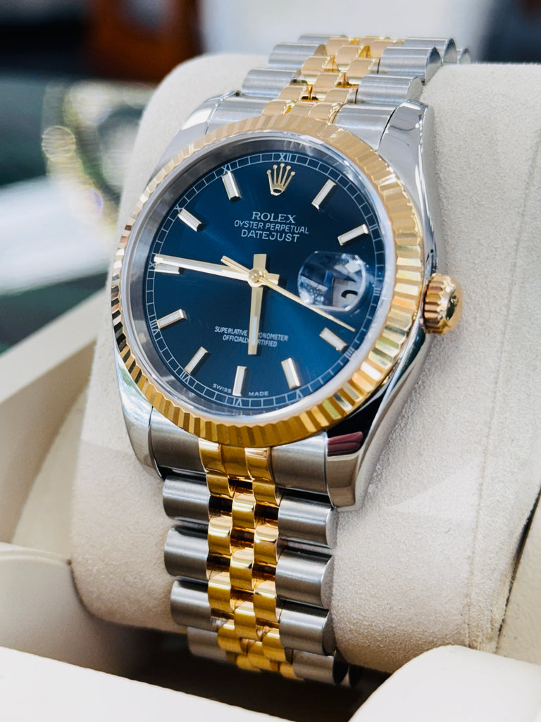 Rolex  Datejust 36 116233 Fluted Bezel  Factory Blue Dial super Jubilee Bracelet  Box and Papers - Diamonds East Intl.