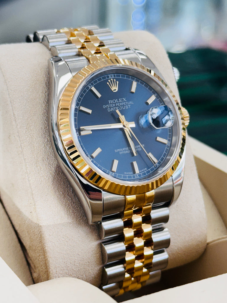 Rolex  Datejust 36 116233 Fluted Bezel  Factory Blue Dial super Jubilee Bracelet  Box and Papers - Diamonds East Intl.