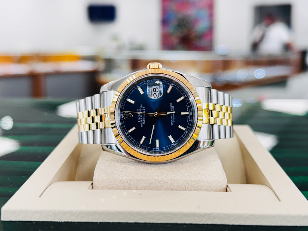 Rolex  Datejust 36 116233 Fluted Bezel  Factory Blue Dial super Jubilee Bracelet  Box and Papers - Diamonds East Intl.