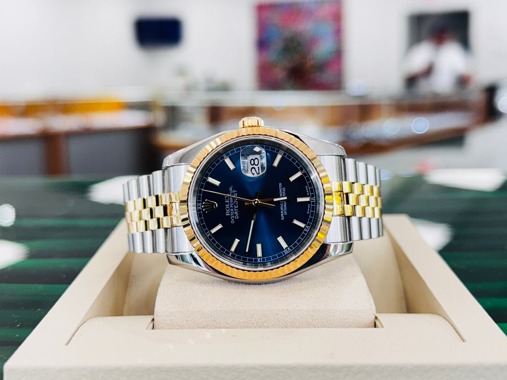 Rolex  Datejust 36 116233 Fluted Bezel  Factory Blue Dial super Jubilee Bracelet  Box and Papers - Diamonds East Intl.