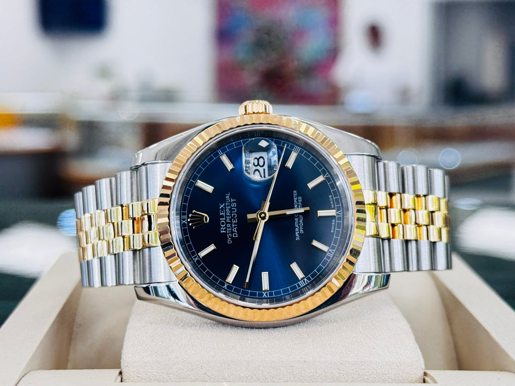 Rolex  Datejust 36 116233 Fluted Bezel  Factory Blue Dial super Jubilee Bracelet  Box and Papers - Diamonds East Intl.