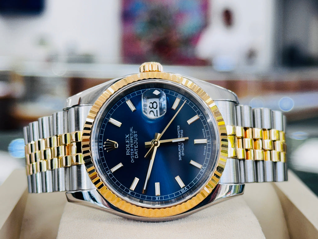 Rolex  Datejust 36 116233 Fluted Bezel  Factory Blue Dial super Jubilee Bracelet  Box and Papers - Diamonds East Intl.