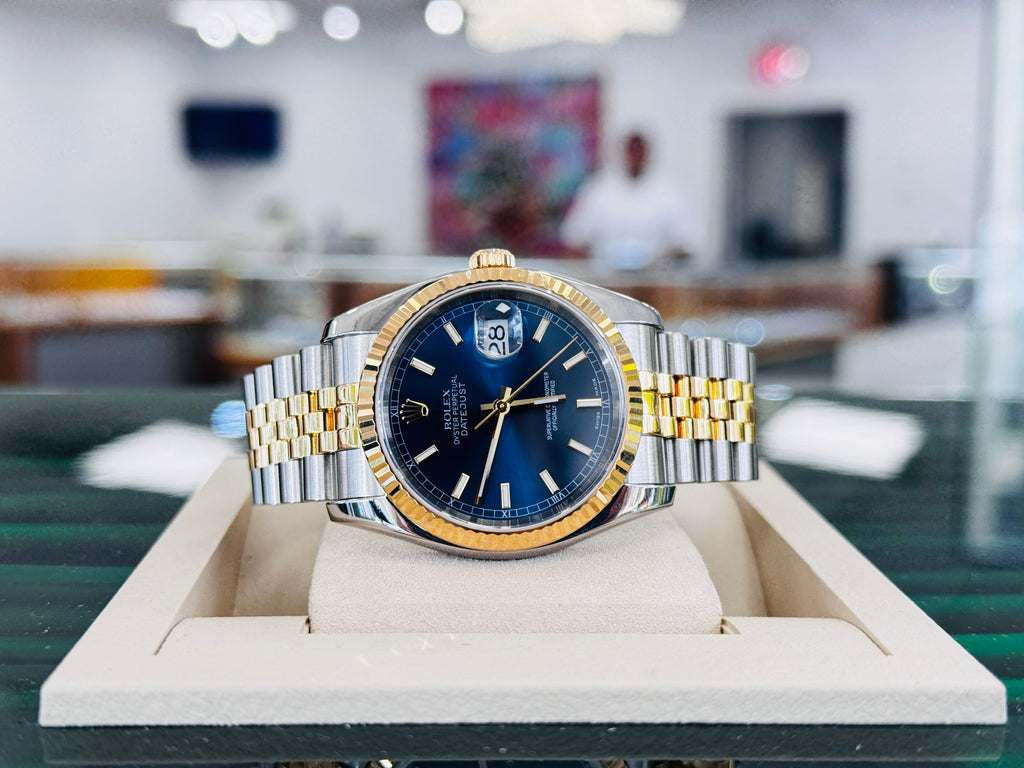 Rolex  Datejust 36 116233 Fluted Bezel  Factory Blue Dial super Jubilee Bracelet  Box and Papers - Diamonds East Intl.
