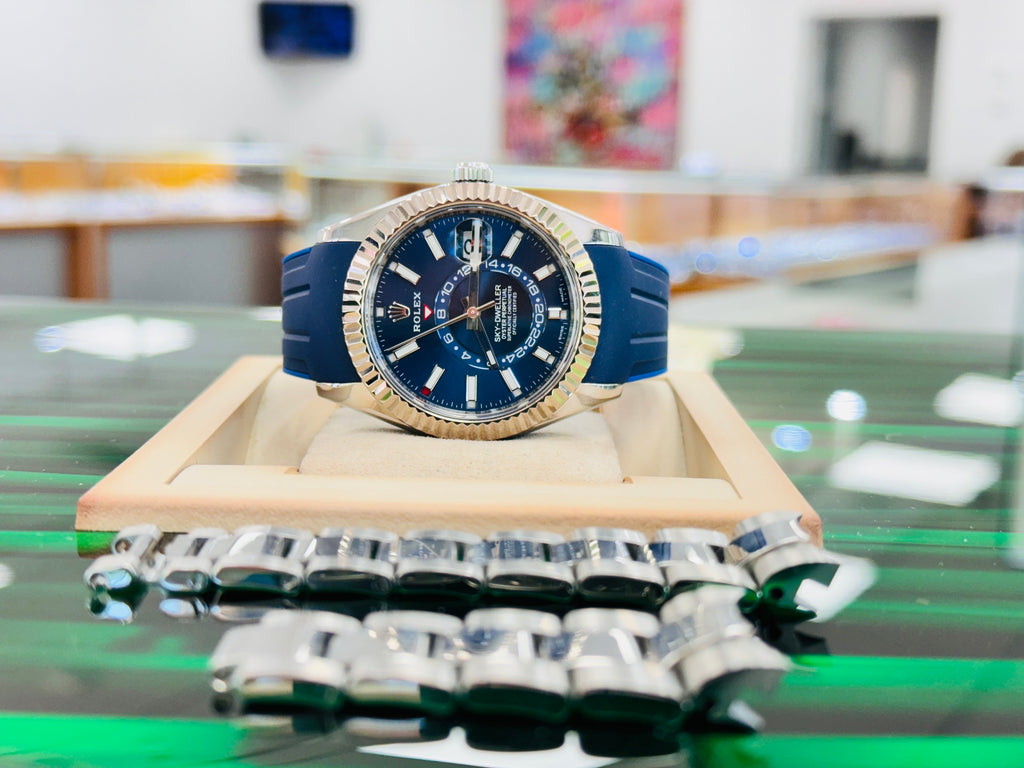Rolex Sky-Dweller 326934 Blue Dial Oyster Steel Bracelet + Rubber B Watch MINT - Diamonds East Intl.