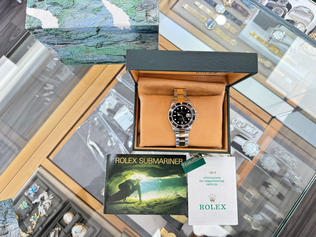 Rolex Submariner Date 16613 Stainless & Gold Black Dial Box and Papers Complete set PreOnwed - Diamonds East Intl.