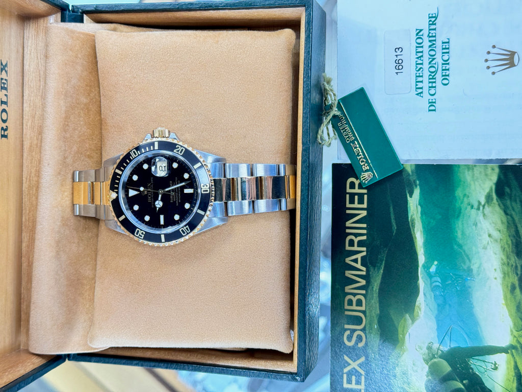 Rolex Submariner Date 16613 Stainless & Gold Black Dial Box and Papers Complete set PreOnwed - Diamonds East Intl.