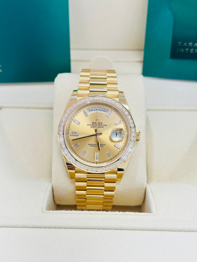 Rolex Day-Date 40 Yellow Gold Baguette Yellow gold Bezel  Factory Baguette Diamond Champagne Dial 228398TBR Box and Papers - Diamonds East Intl.