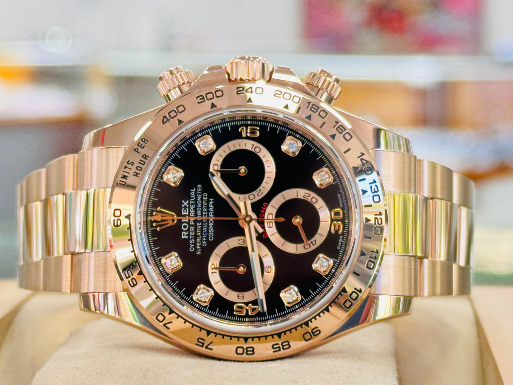 Rolex Chronograph Daytona 116505 Factory Black Diamond Dial Rose Gold Oyster Bracelet Box & Papers 2023 MINT - Diamonds East Intl.