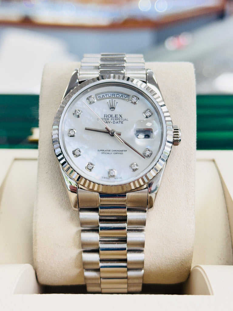 Rolex Day-Date 36 18239 President Custom MOP Dial Double Quick Set White Gold  PreOwned - Diamonds East Intl.