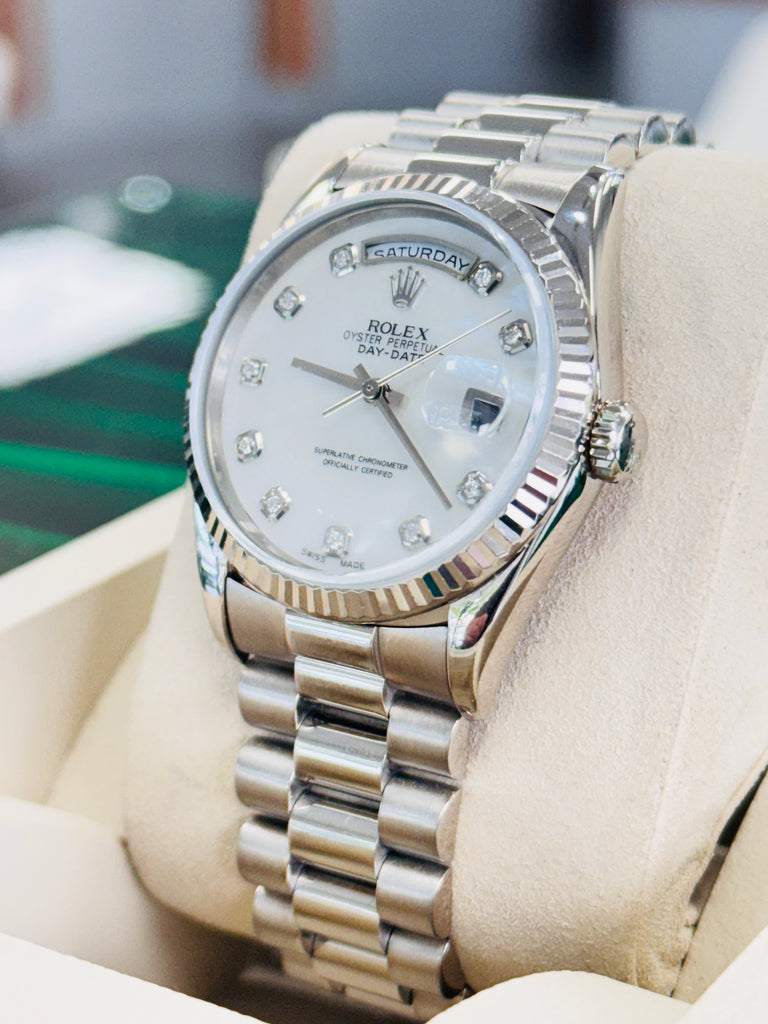 Rolex Day-Date 36 18239 President Custom MOP Dial Double Quick Set White Gold  PreOwned - Diamonds East Intl.