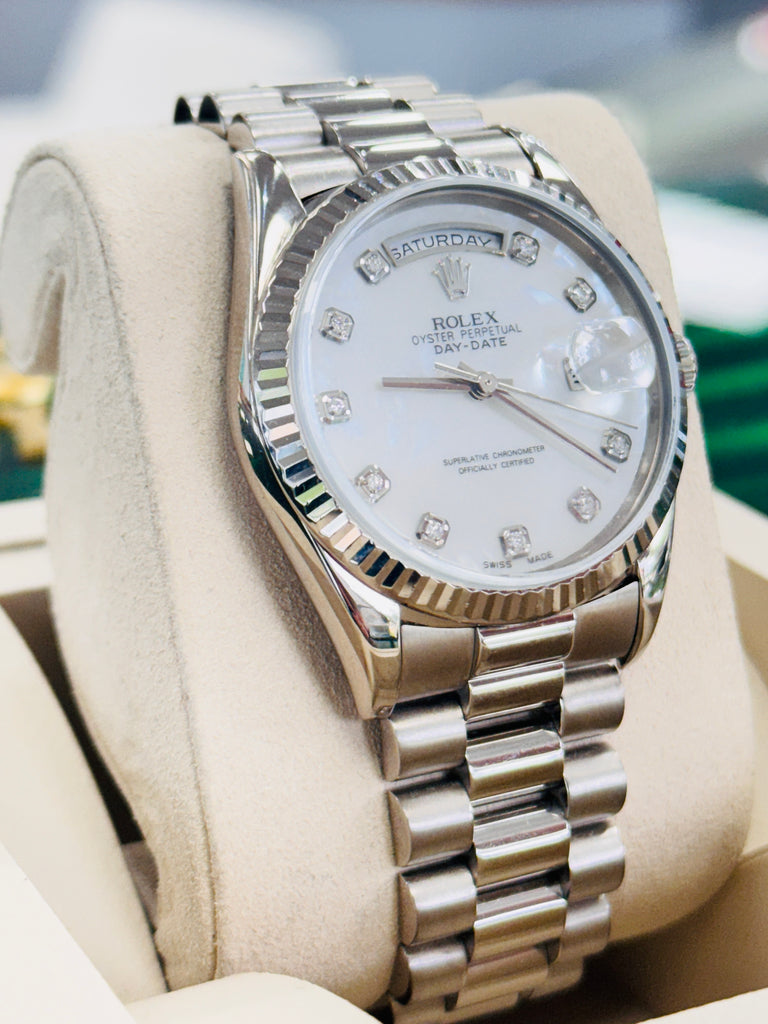 Rolex Day-Date 36 18239 President Custom MOP Dial Double Quick Set White Gold  PreOwned - Diamonds East Intl.