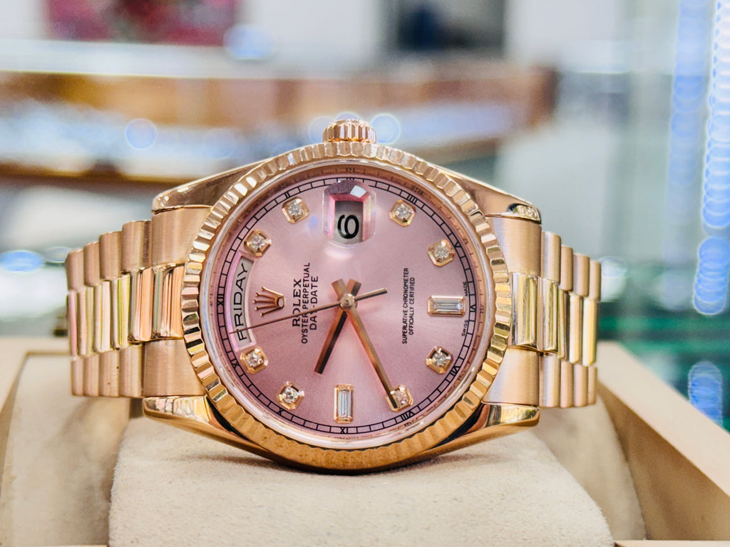 Rolex Day-Date President 36 118235 18K Rose Gold FACTORY Pink Diamond Dial Watch MINT - Diamonds East Intl.