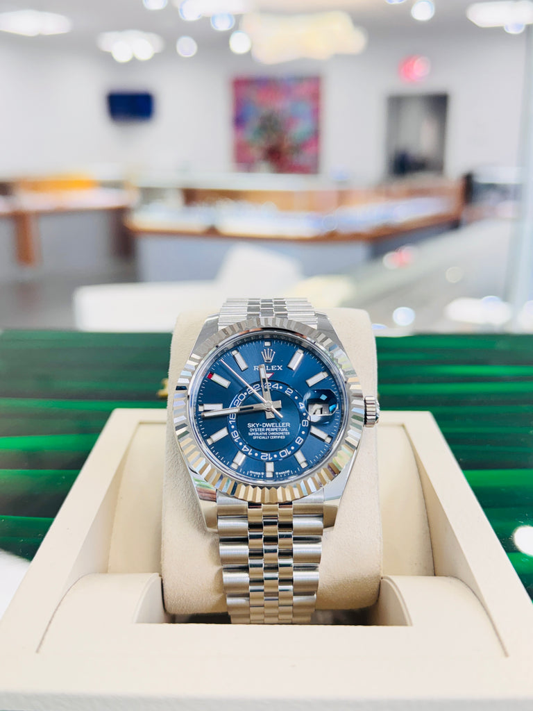 Rolex Sky-Dweller 336934 BLUSO  Blue Dial jubilee Stainless Steel  18k White Gold Bezel  Box and Papers PreOwned - Diamonds East Intl.