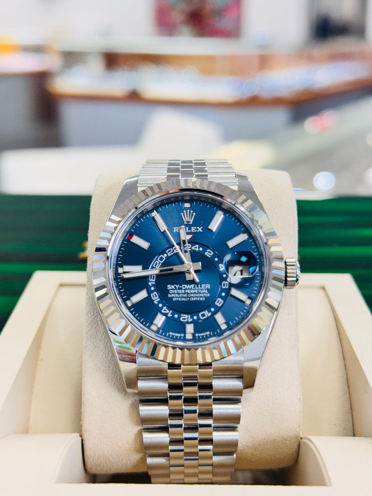 Rolex Sky-Dweller 336934 BLUSO  Blue Dial jubilee Stainless Steel  18k White Gold Bezel  Box and Papers PreOwned - Diamonds East Intl.