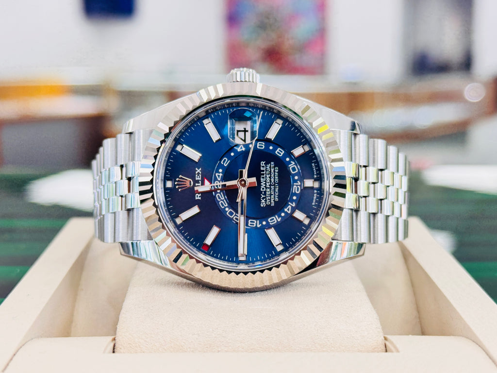 Rolex Sky-Dweller 336934 BLUSO  Blue Dial jubilee Stainless Steel  18k White Gold Bezel  Box and Papers PreOwned - Diamonds East Intl.