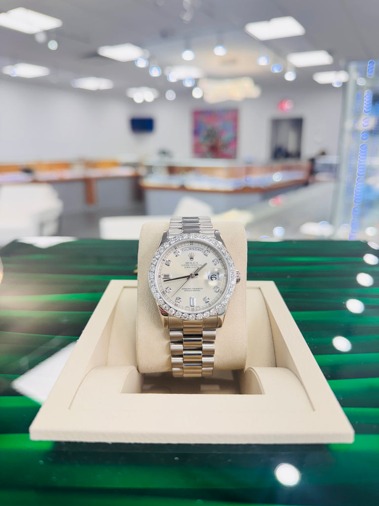 Rolex Day-Date 36 118239 Factory Silver Baguette Diamond Dial  Custom Diamond Bezel PreOwned - Diamonds East Intl.