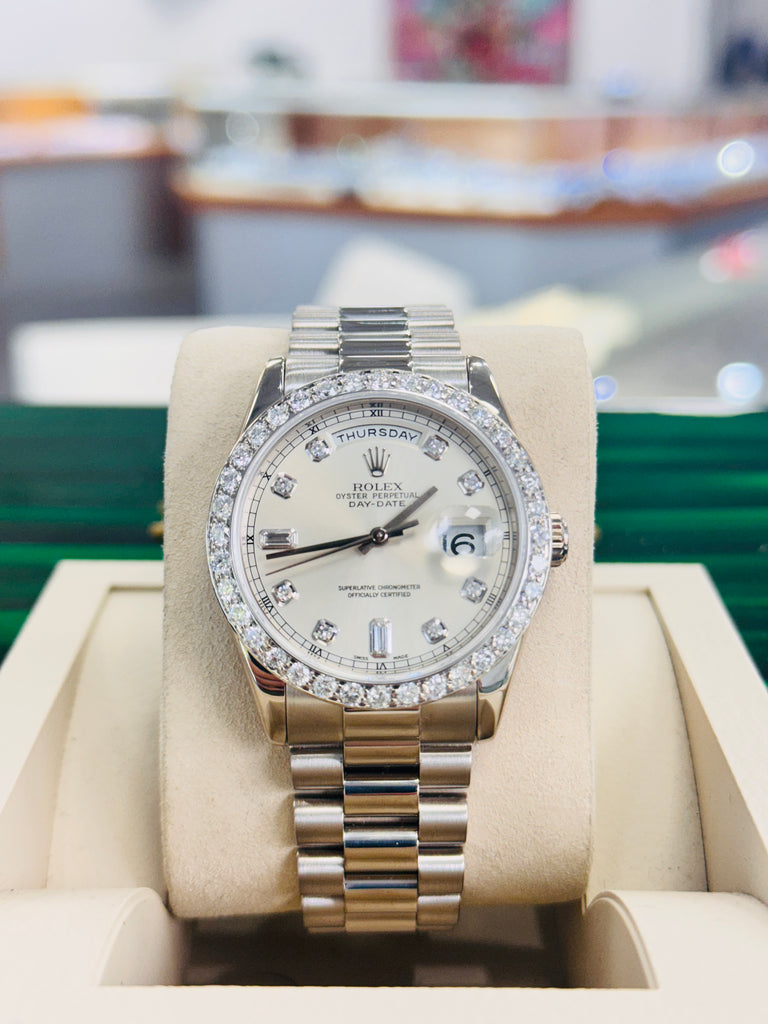 Rolex Day-Date 36 118239 Factory Silver Baguette Diamond Dial  Custom Diamond Bezel PreOwned - Diamonds East Intl.