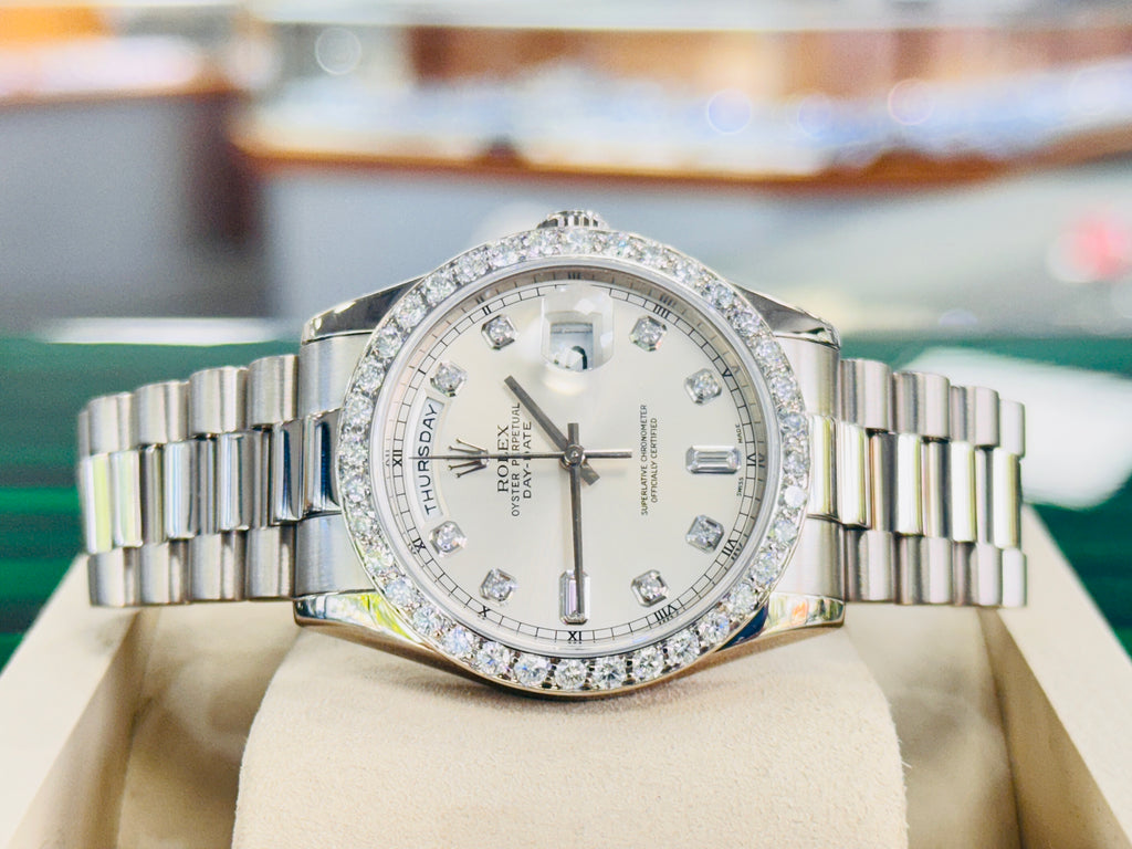 Rolex Day-Date 36 118239 Factory Silver Baguette Diamond Dial  Custom Diamond Bezel PreOwned - Diamonds East Intl.