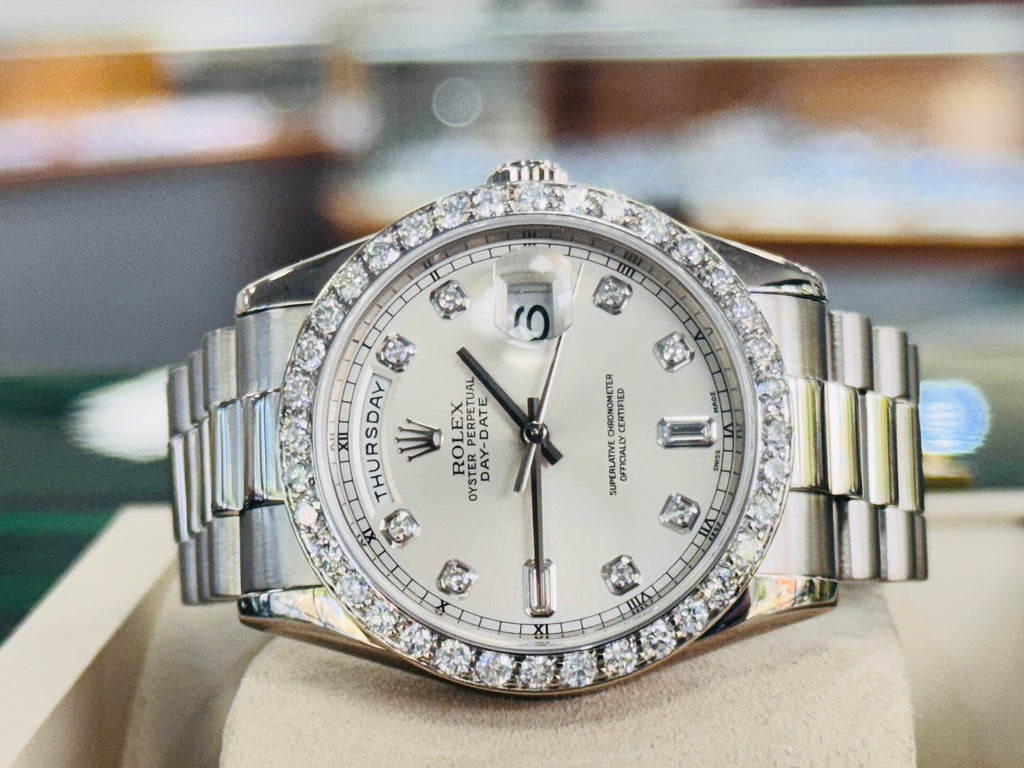 Rolex Day-Date 36 118239 Factory Silver Baguette Diamond Dial  Custom Diamond Bezel PreOwned - Diamonds East Intl.