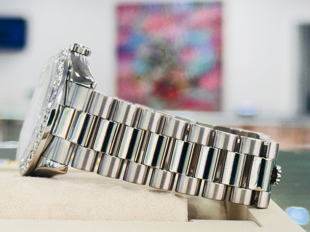 Rolex Day-Date 36 118239 Factory Silver Baguette Diamond Dial  Custom Diamond Bezel PreOwned - Diamonds East Intl.