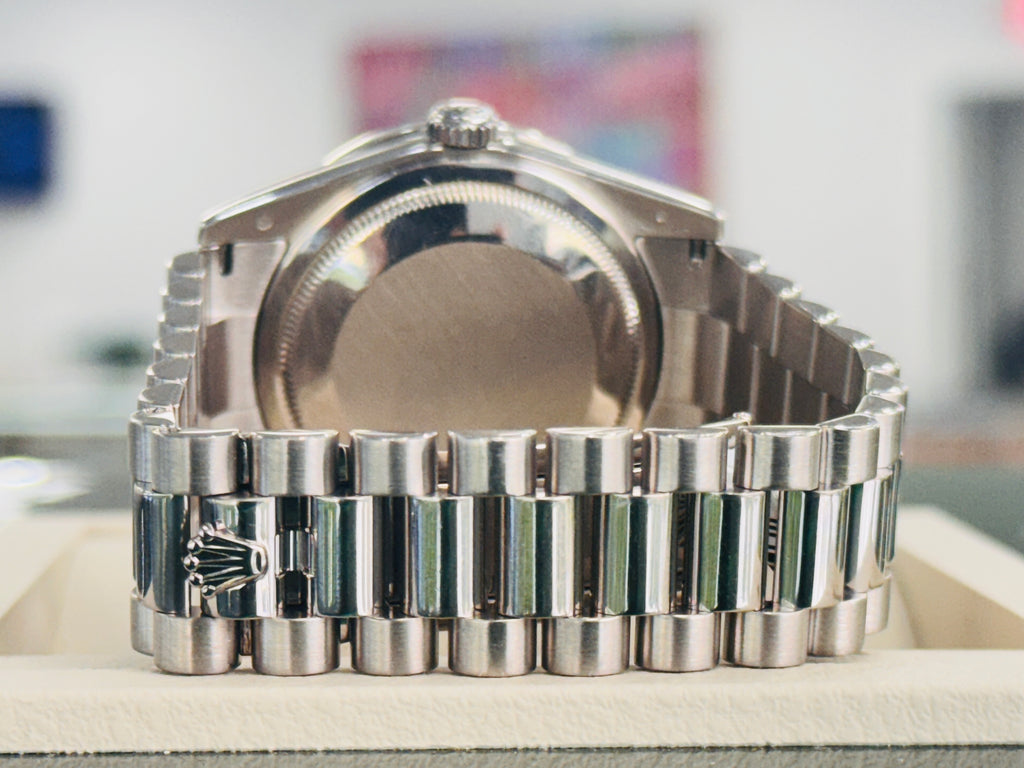 Rolex Day-Date 36 118239 Factory Silver Baguette Diamond Dial  Custom Diamond Bezel PreOwned - Diamonds East Intl.